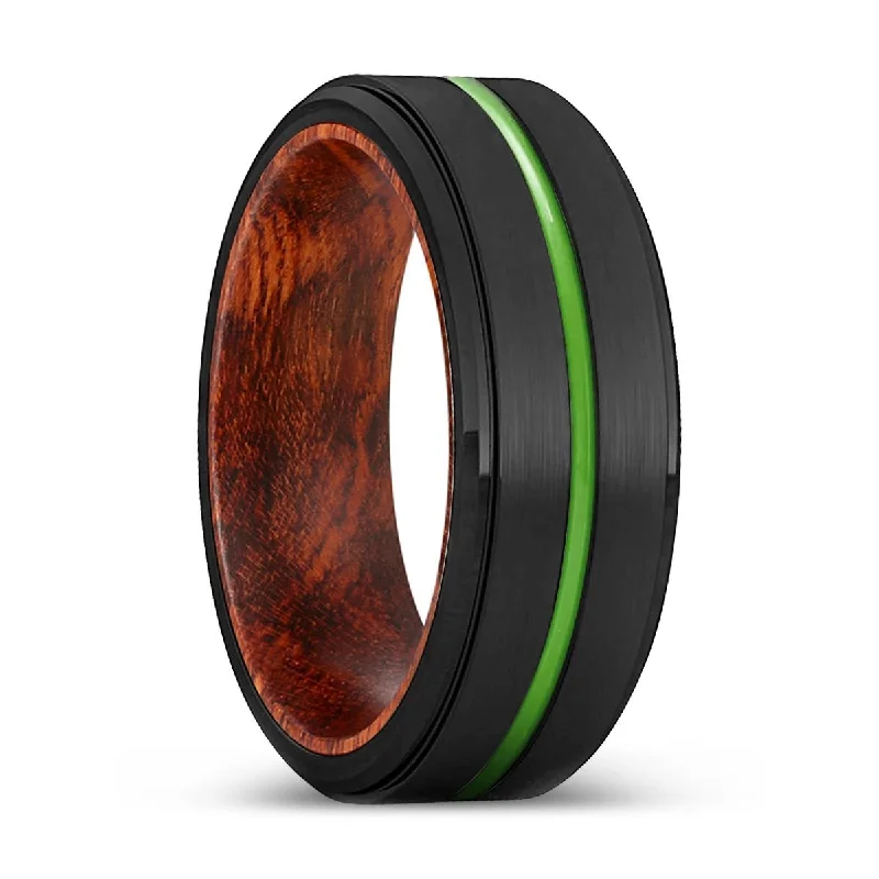 Women’s vintage gold ring-PATCHES | Snake Wood, Black Tungsten Ring, Green Groove, Stepped Edge