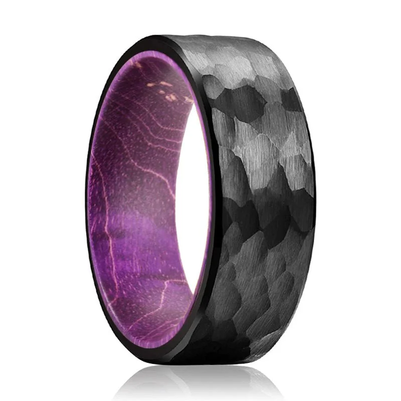 Women’s stacked diamond rings-OBSIDIROYAL | Purple Wood, Black Tungsten Ring, Hammered, Flat