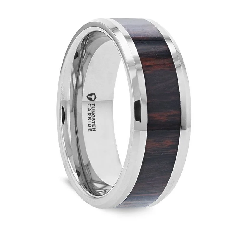 Women’s silver ring-AZTEC | Silver Tungsten Ring, Mahogany Wood Inlay, Beveled