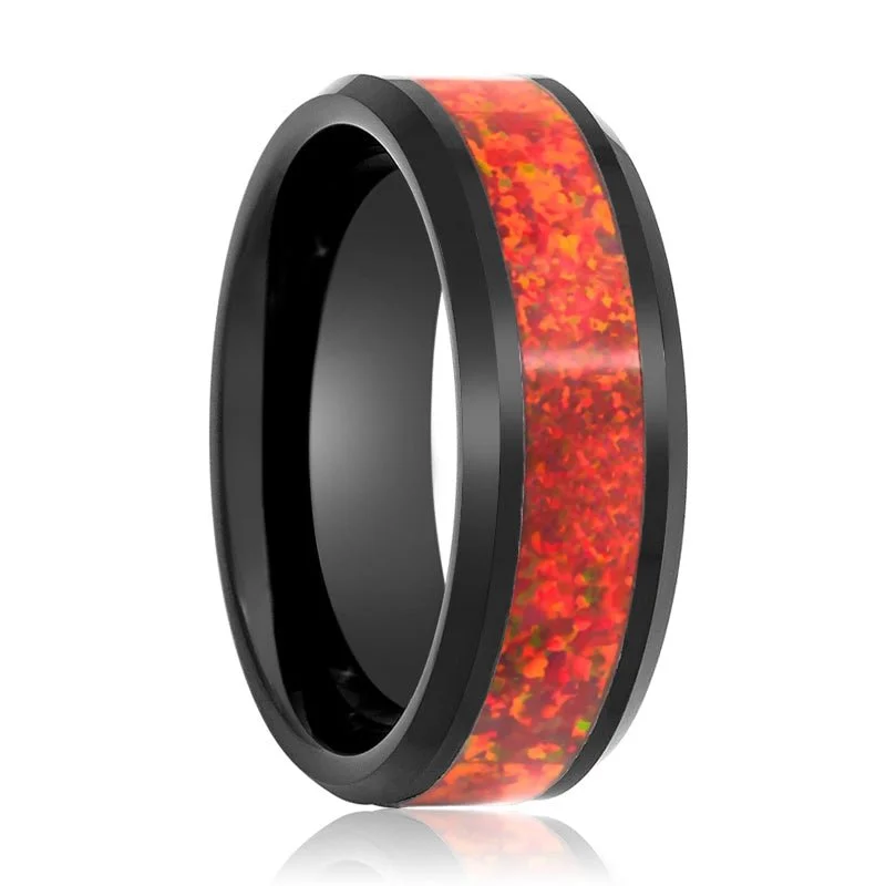 Women’s wide silver ring-THUNDER | Tungsten Ring Red Fire Opal Inlay