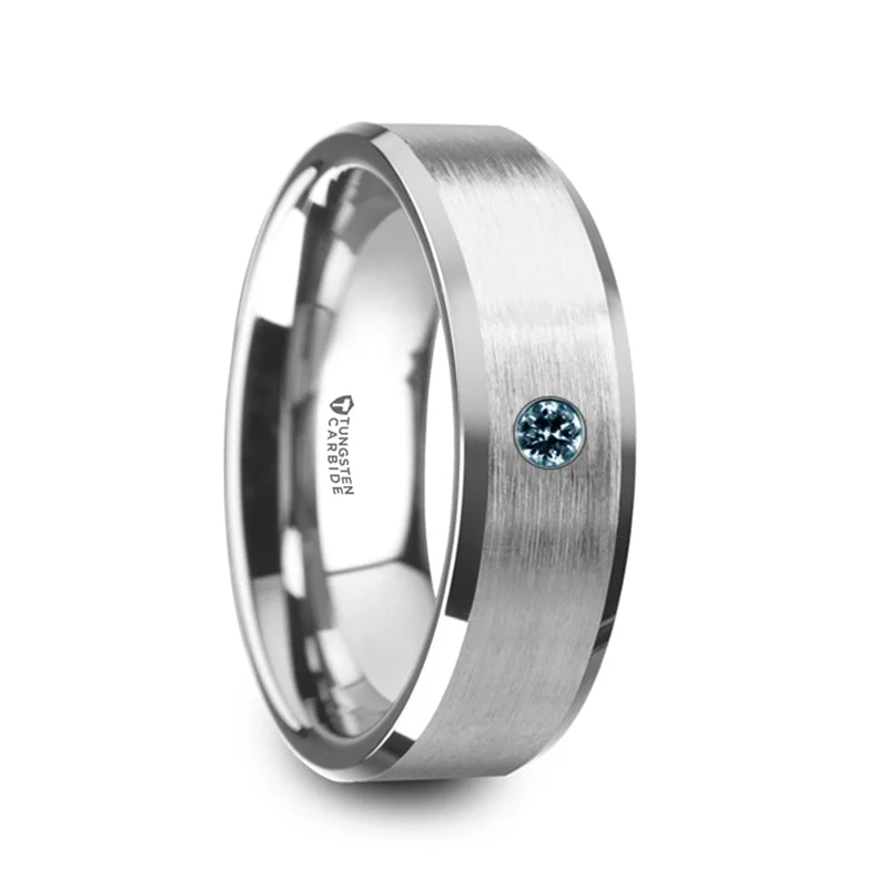 Women’s rose gold and diamond engagement rings-Classic Brushed Tungsten Men's Wedding Band with Blue Diamond