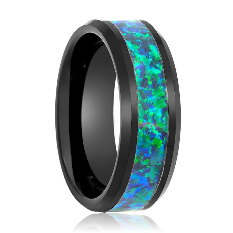 Women’s handcrafted gold ring-ICICLE | Tungsten Ring Emerald Green Opal Inlay