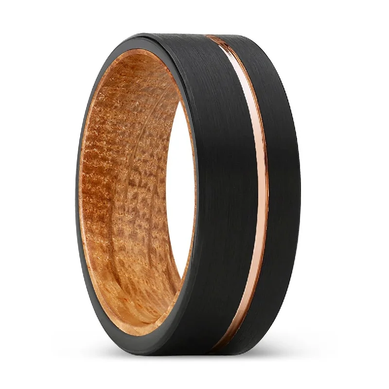 Women’s bohemian gold ring-DYNAMIC | Whiskey Barrel Wood, Black Tungsten Ring, Rose Gold Offset Groove, Brushed, Flat