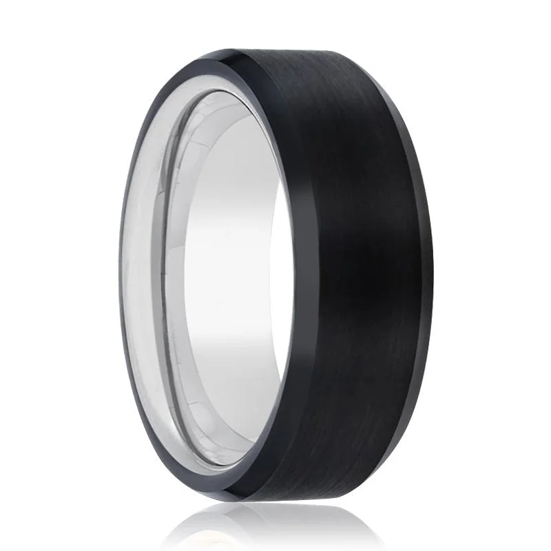 Women’s ruby ring-TRON | Silver Ring, Black Tungsten Ring, Brushed, Beveled