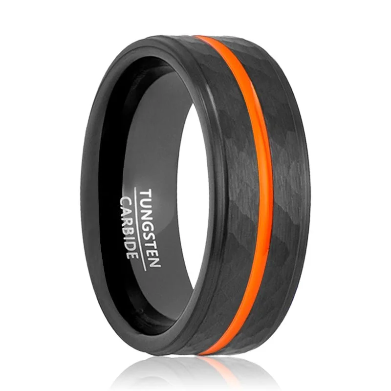 Women’s engagement ring-FIERCE | Black Tungsten Ring, Hammered, Orange Groove, Stepped Edge