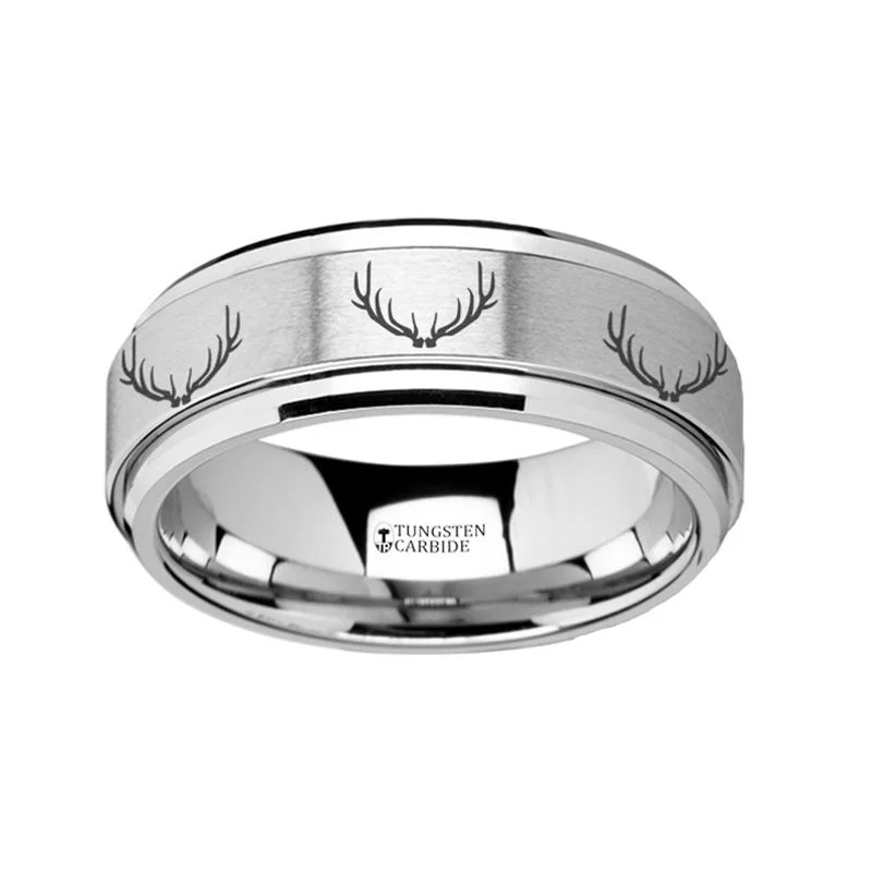 Women’s wedding ring-Deer Antlers Laser Engraved Tungsten Spinner Ring for Men with Step Edges - 8MM