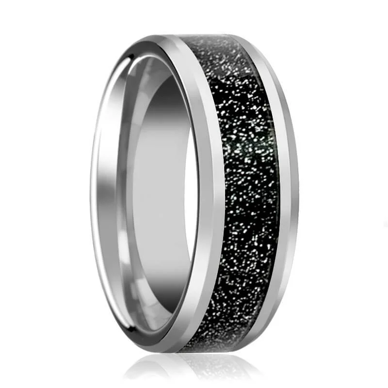 Women’s mixed metal ring-STORMIC | Silver Tungsten Ring, Black Sandstone Carbon Fiber Inlay, Beveled