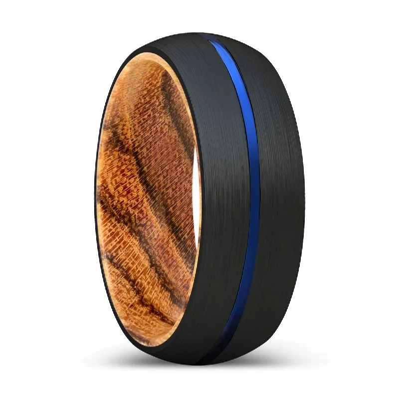 Women’s engraved ring-OSPRA | Bocote Wood, Black Tungsten Ring, Blue Groove, Domed