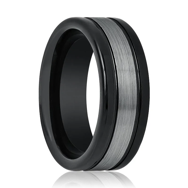 Women’s silver gemstone ring-HYMEN | Black Tungsten Ring, Grey Stripe Center, Flat