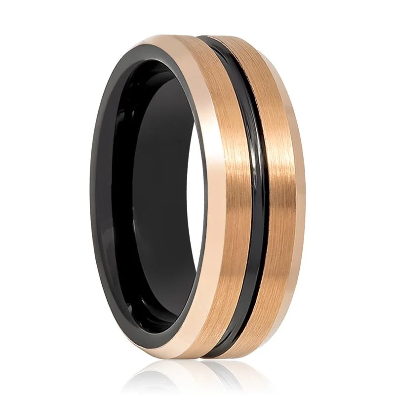 Women’s engraved wedding ring-QUAKE | Rose Gold Tungsten Ring, Black Groove, Beveled