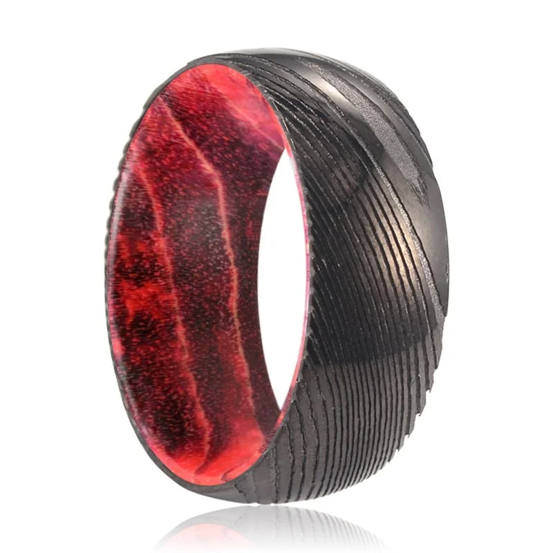 Women’s antique ring-TRIMAX | Black & Red Wood, Gunmetal Damascus Steel Ring, Domed